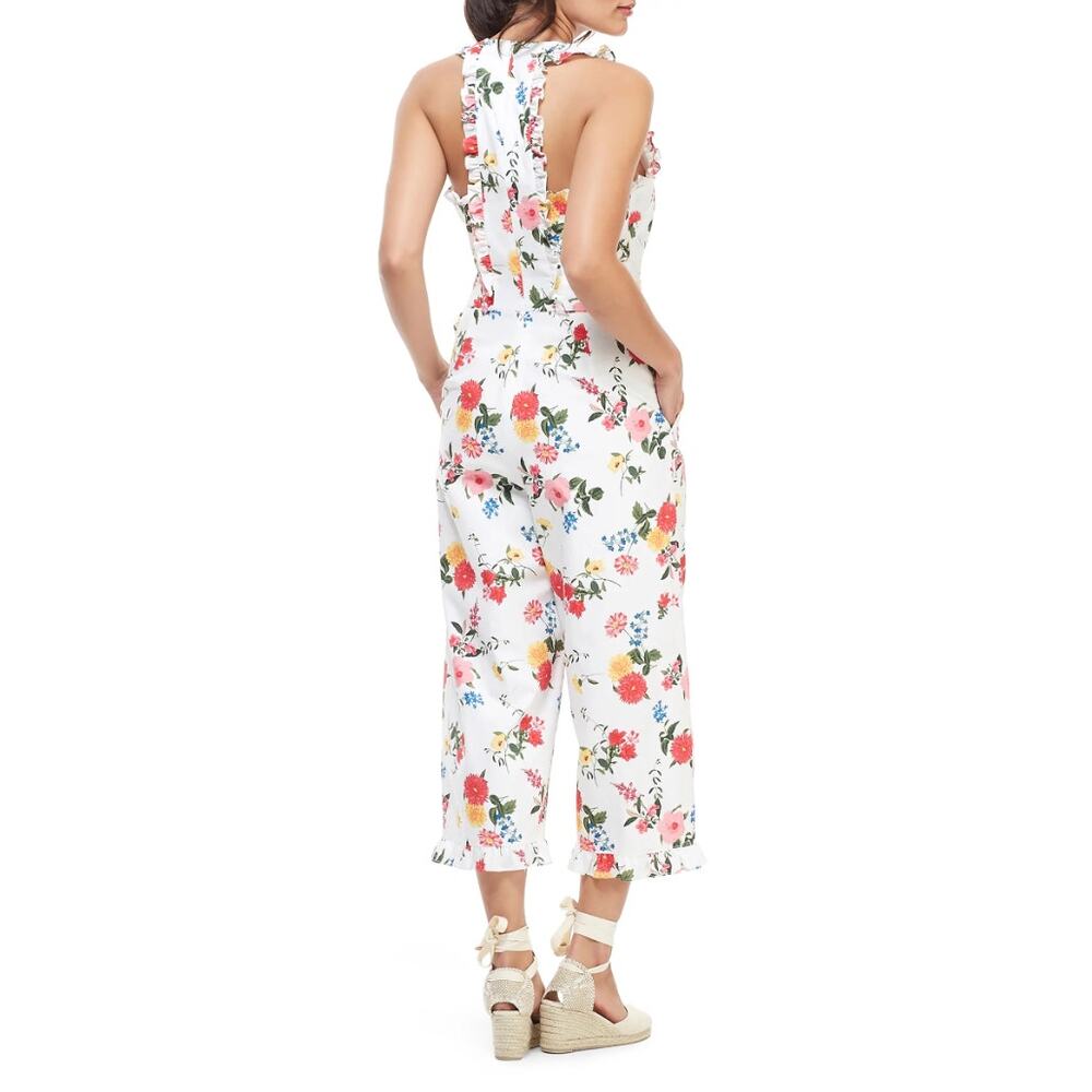 Gal Meets Glam Beverly Ruffle Floral Cotton Wide Leg Cropped Jumpsuit White 4 - Picture 3 of 16